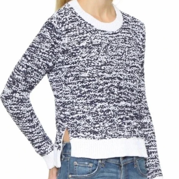 Rag & Bone Marley chuncky knit Cropped Crew Neck Navy blue/white Sweater Sz L - Picture 2 of 7